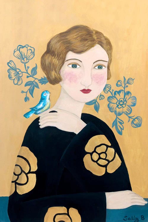 Woman In Black Dress With Bird by Sally B wall art
