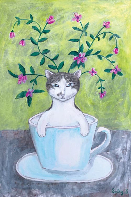 Cat In Cup With Flowers