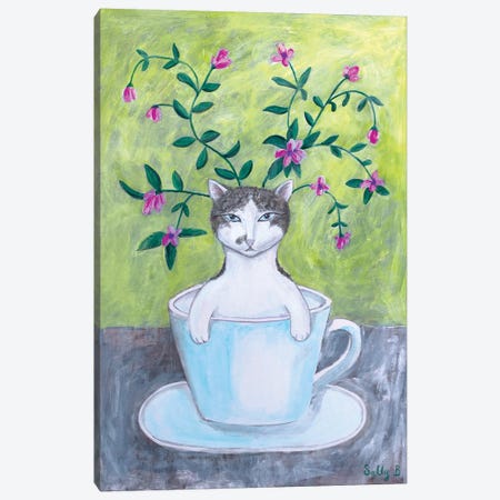 Cat In Cup With Flowers Canvas Print #SLY2} by Sally B Canvas Wall Art