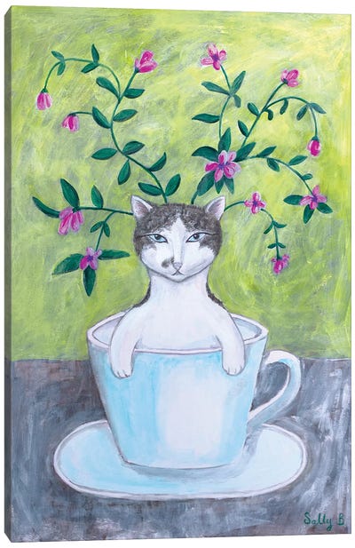 Cat In Cup With Flowers Canvas Art Print - Sally B