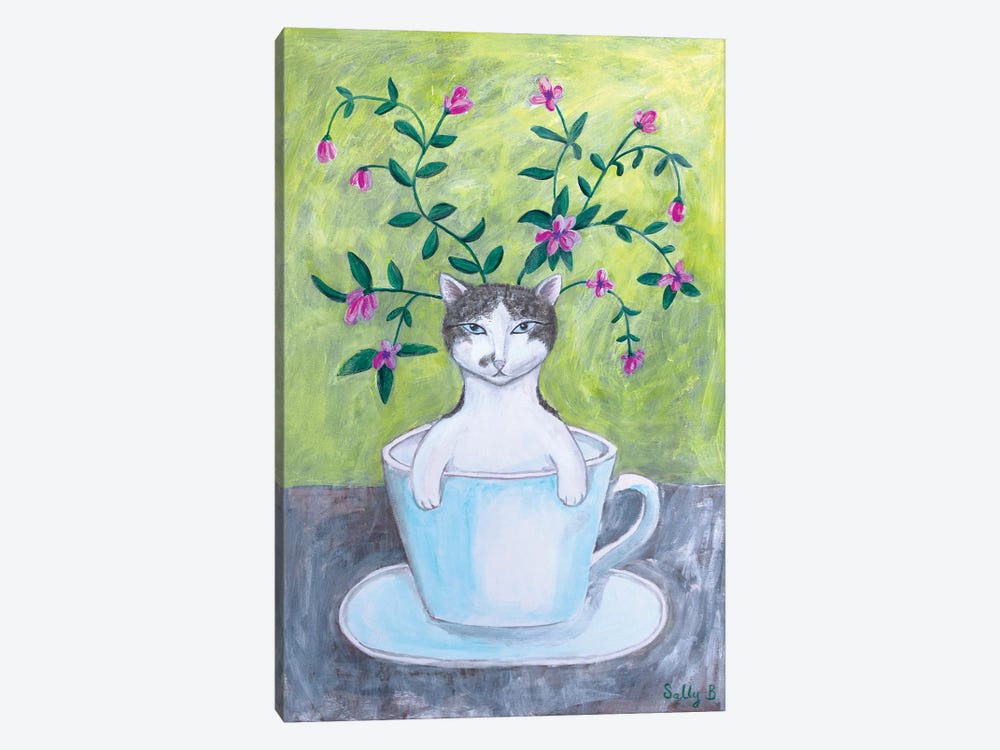 Cat In Cup With Flowers by Sally B 1-piece Canvas Artwork