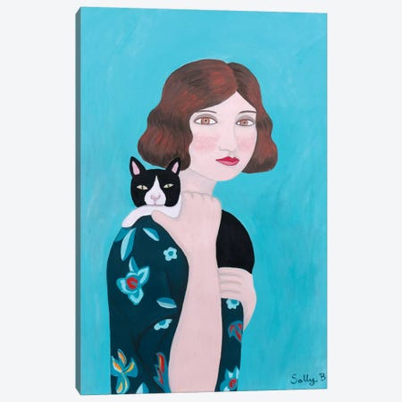 Woman In Floral Blue Dress With Cat Canvas Print #SLY31} by Sally B Canvas Print