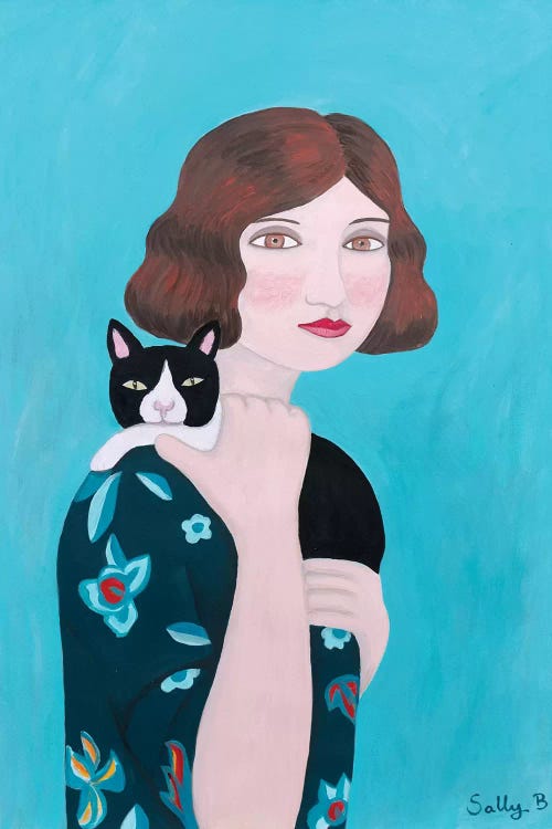 Woman In Floral Blue Dress With Cat by Sally B wall art