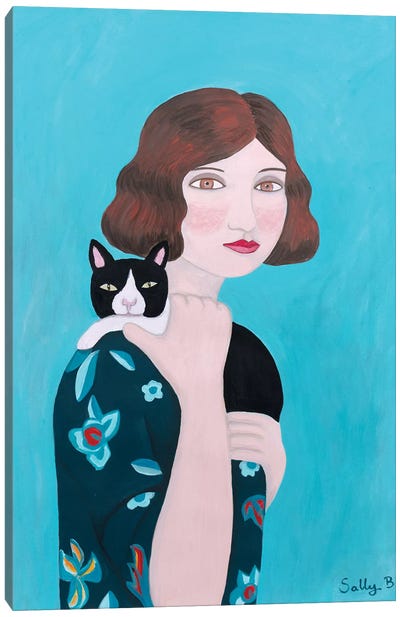 Woman In Floral Blue Dress With Cat Canvas Art Print - Sally B