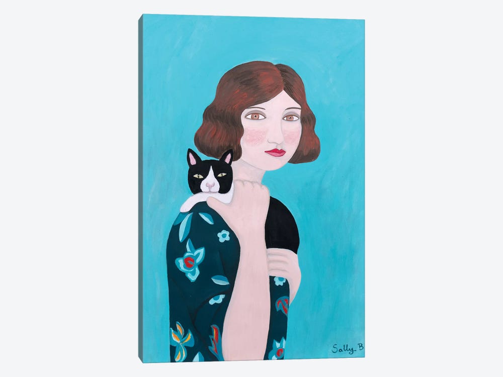 Woman In Floral Blue Dress With Cat by Sally B 1-piece Canvas Wall Art