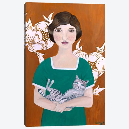 Woman In Green Dress With Cat Canvas Print #SLY32} by Sally B Canvas Art Print