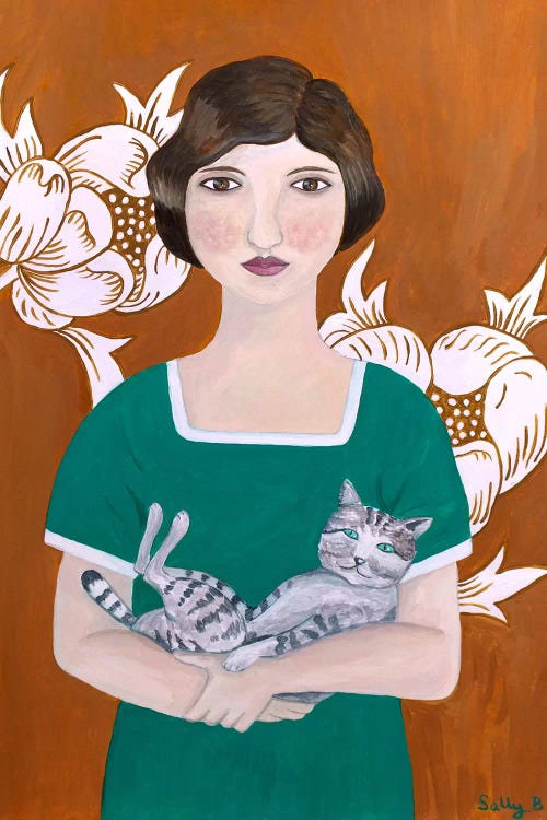 Woman In Green Dress With Cat