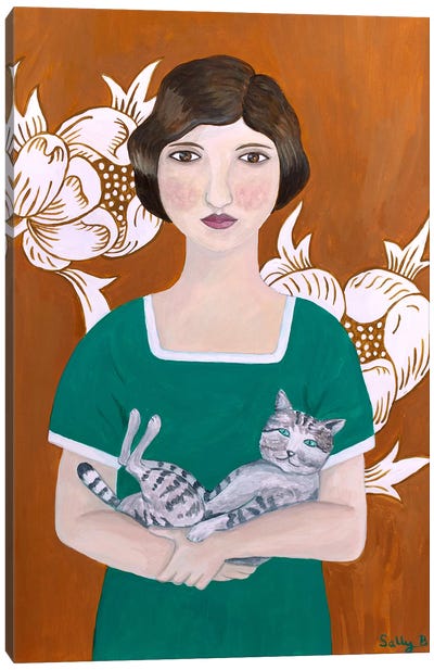 Woman In Green Dress With Cat Canvas Art Print - Modern Portraiture