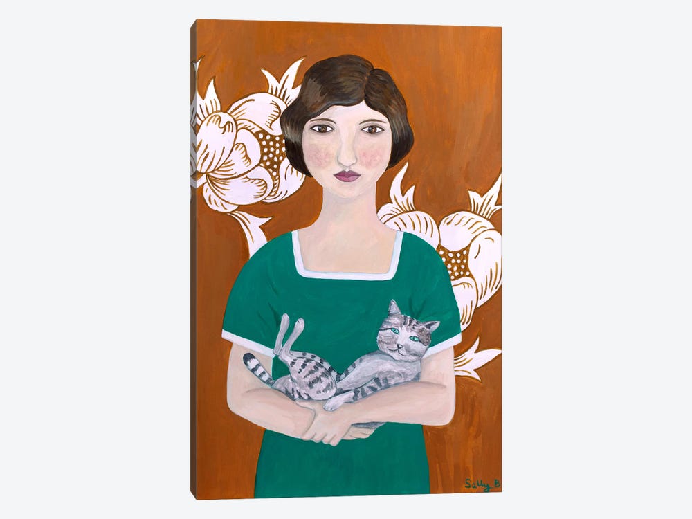 Woman In Green Dress With Cat by Sally B 1-piece Canvas Print