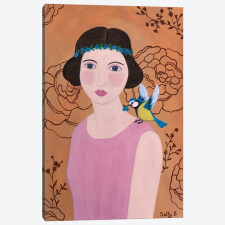 Woman In Pink Dress With Bird Canvas Print #SLY33} by Sally B Canvas Print