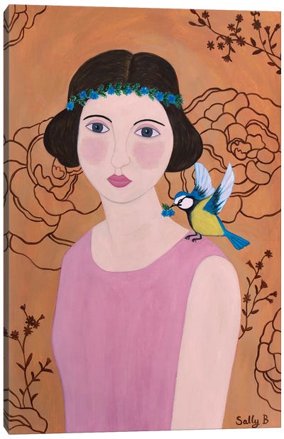 Woman In Pink Dress With Bird Canvas Art Print - Sally B