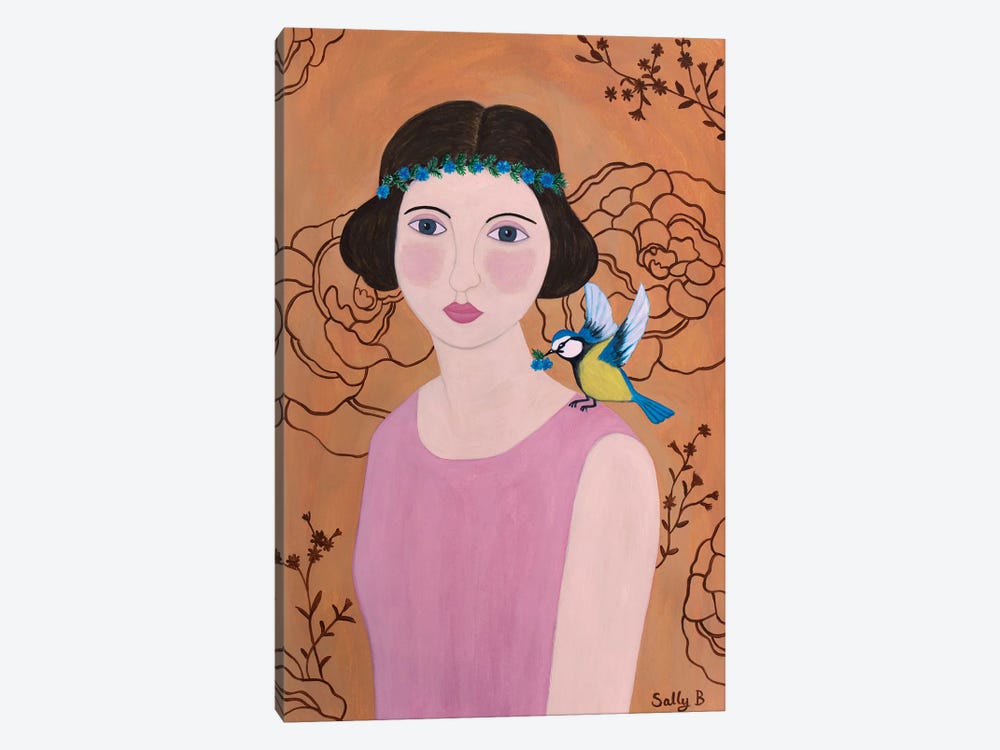 Woman In Pink Dress With Bird by Sally B 1-piece Canvas Artwork