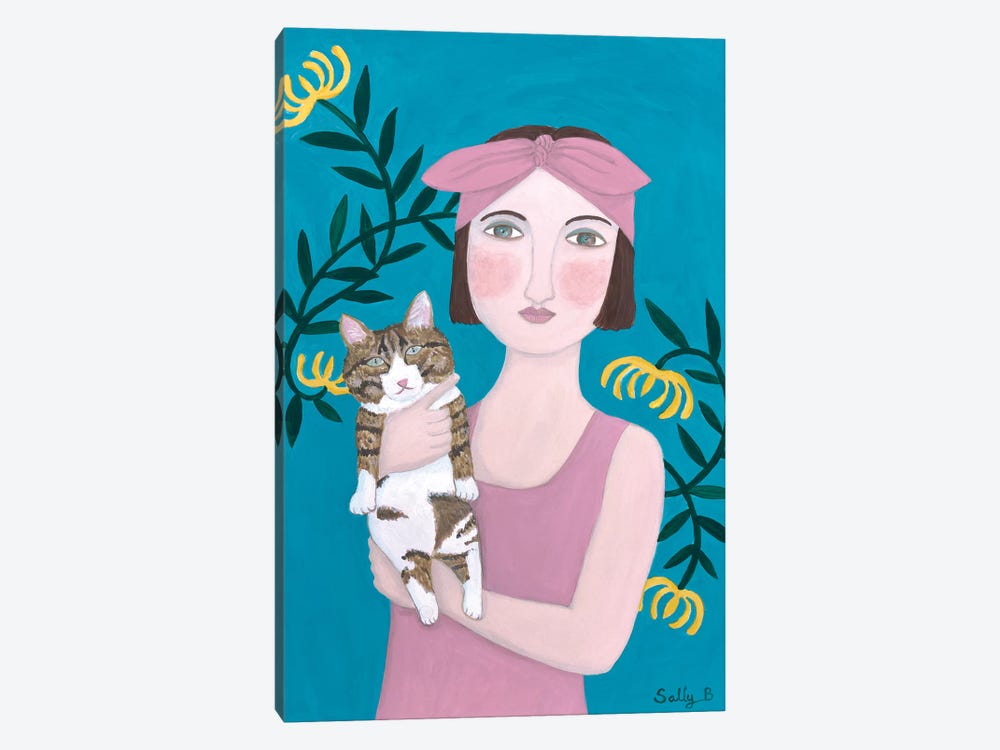 Woman In Pink Dress With Cat by Sally B 1-piece Canvas Print