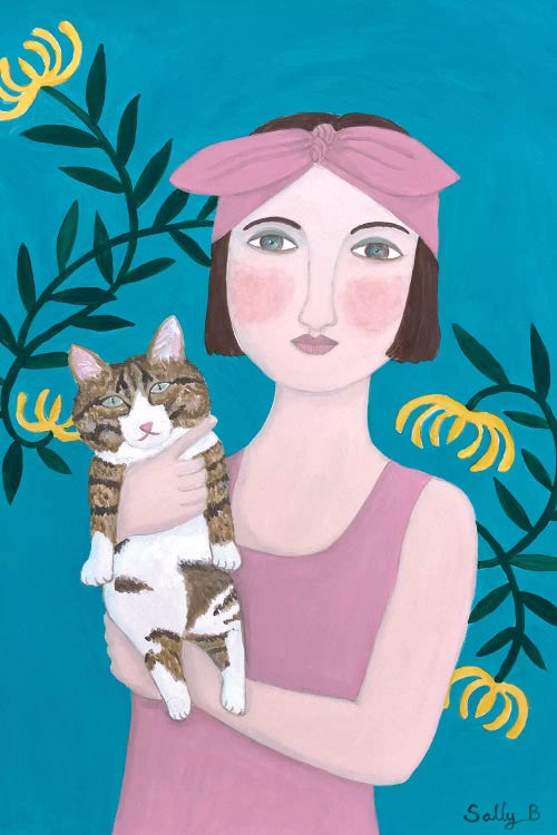 Woman In Pink Dress With Cat