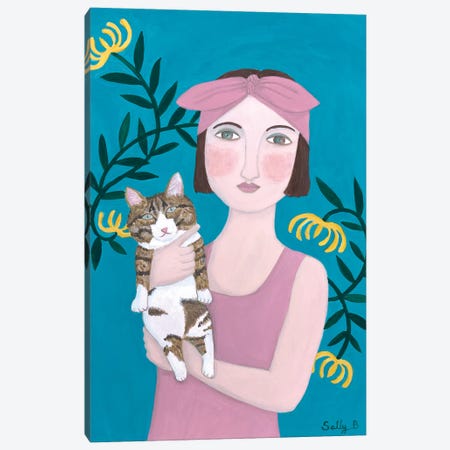 Woman In Pink Dress With Cat Canvas Print #SLY34} by Sally B Canvas Wall Art