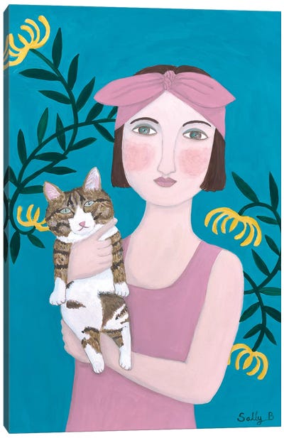 Woman In Pink Dress With Cat Canvas Art Print - Modern Portraiture