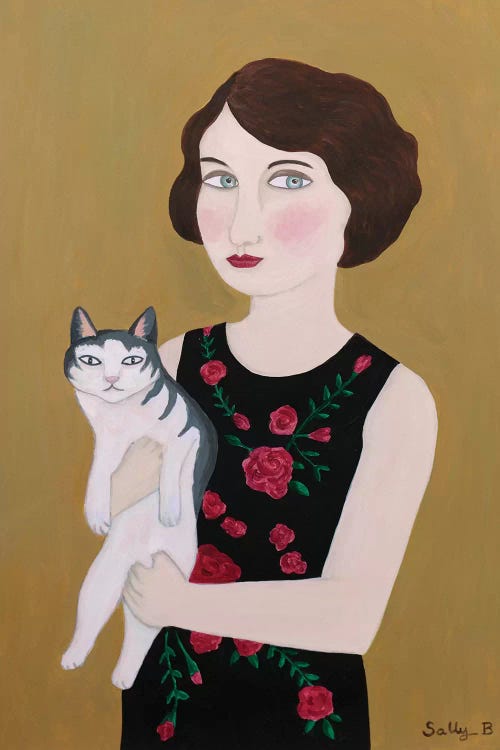 Woman In Rose Dress With Cat