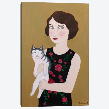 Woman In Rose Dress With Cat Canvas Print #SLY35} by Sally B Canvas Wall Art