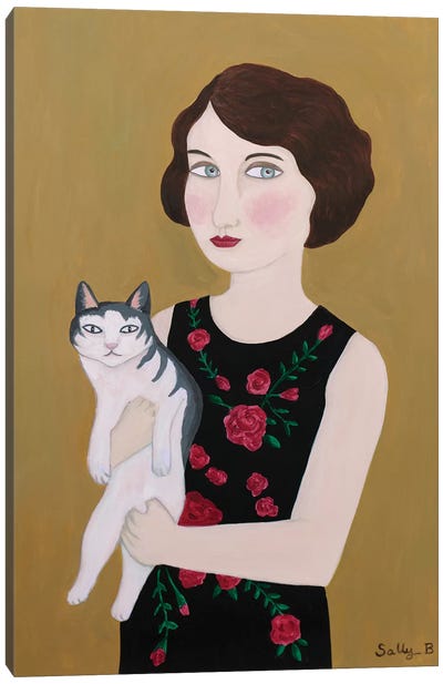 Woman In Rose Dress With Cat Canvas Art Print - Modern Portraiture