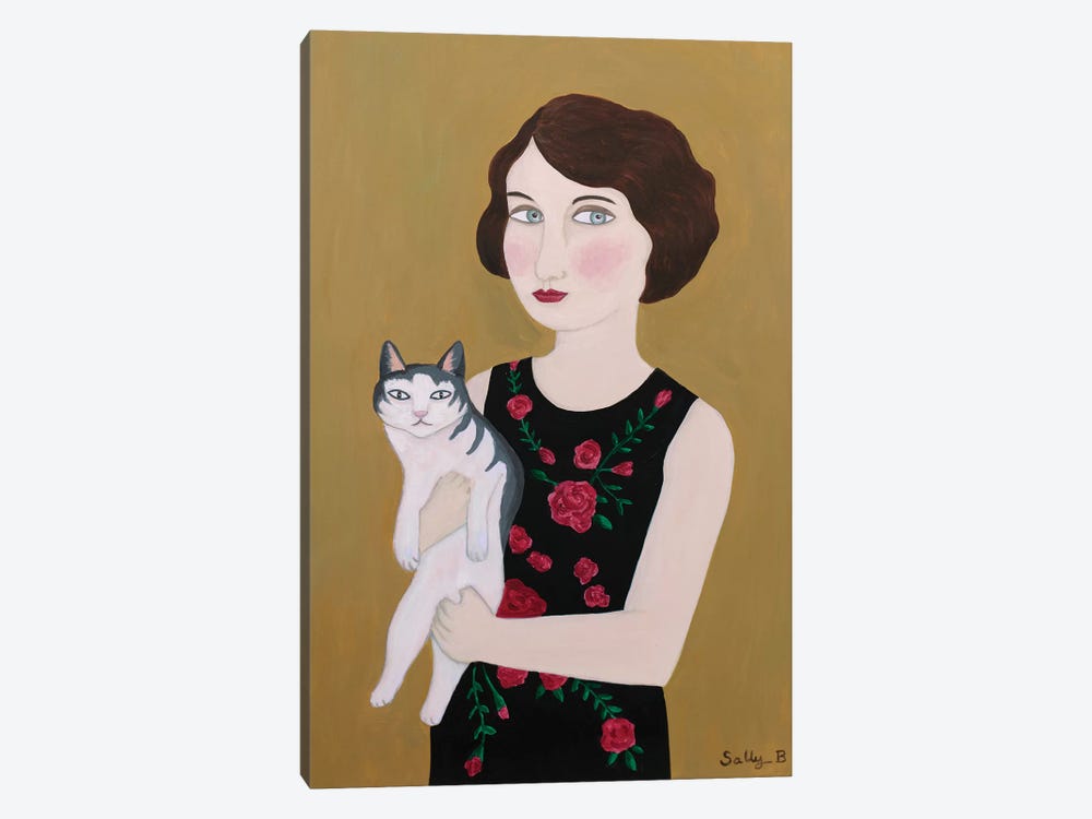 Woman In Rose Dress With Cat by Sally B 1-piece Canvas Artwork