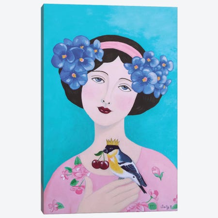 Woman With Bird And Cherry Canvas Print #SLY36} by Sally B Canvas Wall Art
