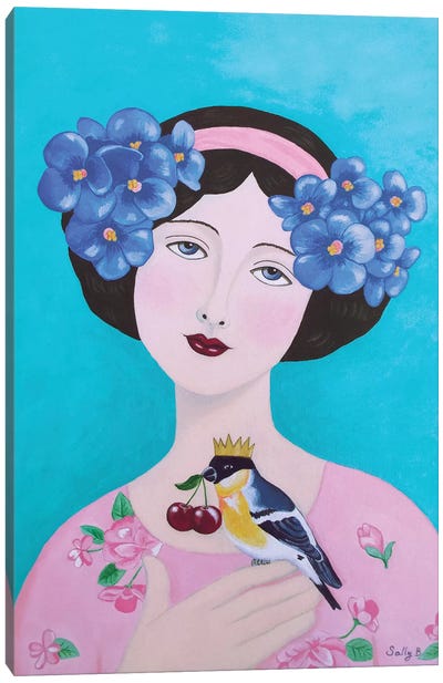 Woman With Bird And Cherry Canvas Art Print - Modern Portraiture