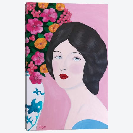 Woman With Chinoiserie Vase And Flowers Canvas Print #SLY37} by Sally B Canvas Wall Art