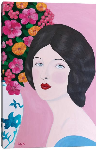 Woman With Chinoiserie Vase And Flowers Canvas Art Print - Modern Portraiture