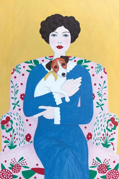 Woman With Jack Russell On Armchair by Sally B wall art
