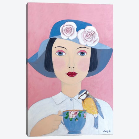 Woman With Teacup And Bird Canvas Print #SLY39} by Sally B Canvas Print