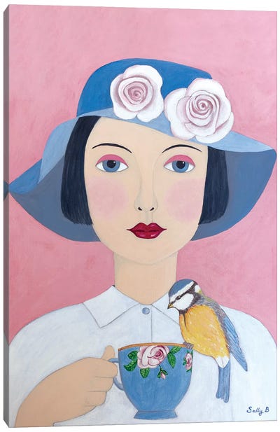 Woman With Teacup And Bird Canvas Art Print - Modern Portraiture