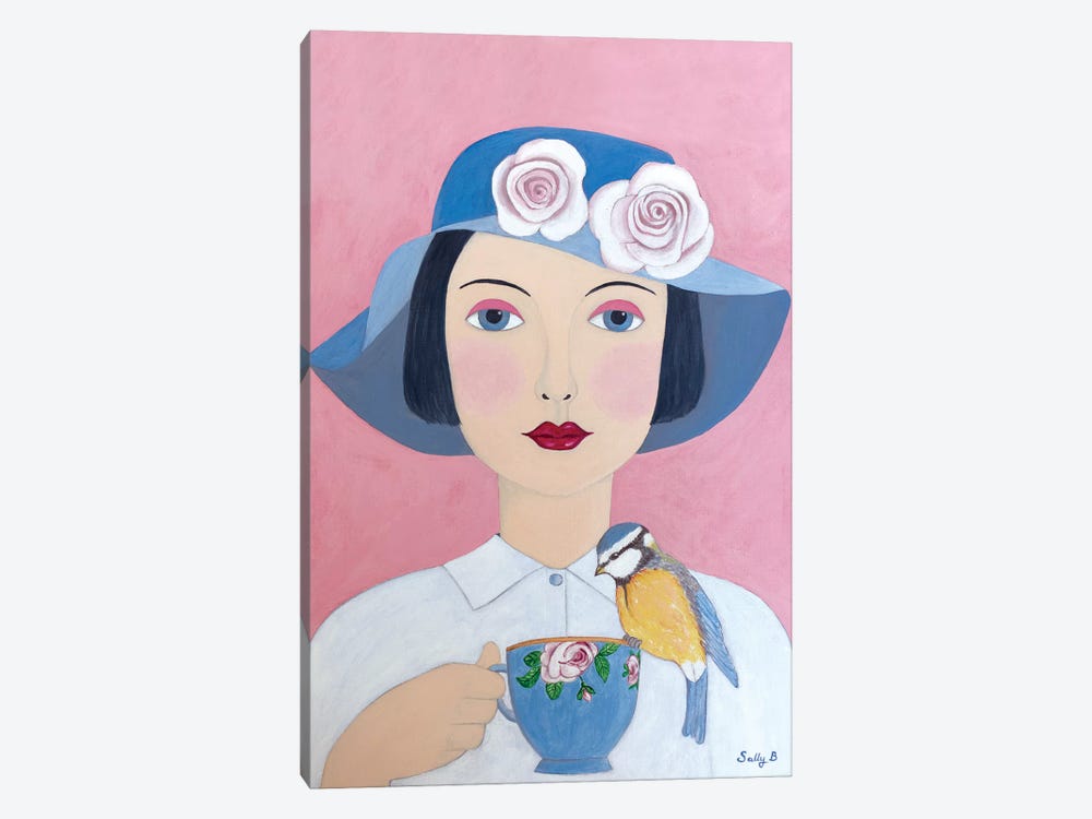 Woman With Teacup And Bird by Sally B 1-piece Canvas Artwork