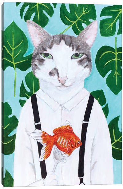 Cat With Goldfish Canvas Art Print - Modern Portraiture