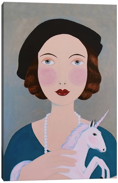 Woman With Unicorn Canvas Art Print - Modern Portraiture