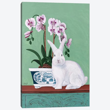 Rabbit And Orchid Canvas Print #SLY41} by Sally B Canvas Artwork