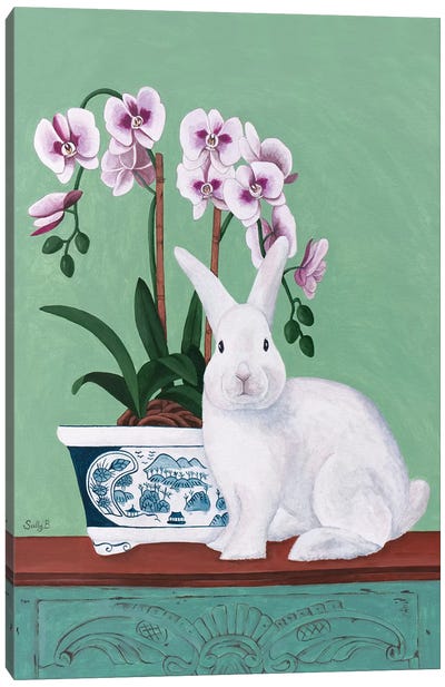 Rabbit And Orchid Canvas Art Print - Chinoiserie Art