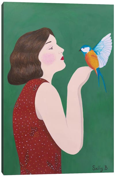 Woman And Bird Canvas Art Print - Modern Portraiture