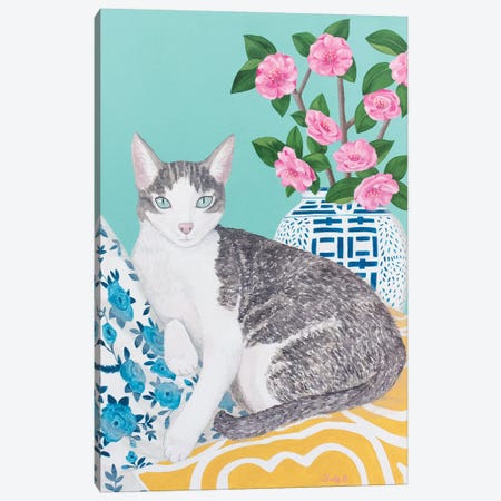 Cat With Cushions And Chinoiserie Vase Canvas Print #SLY45} by Sally B Canvas Print