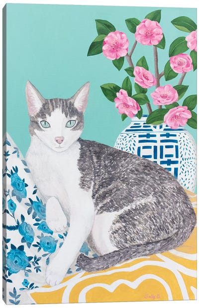 Cat With Cushions And Chinoiserie Vase Canvas Art Print - Modern Portraiture
