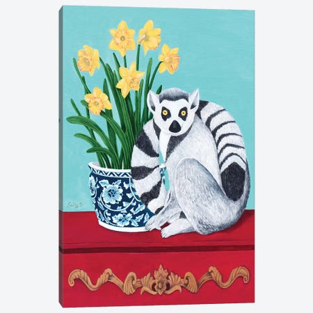Lemur And Daffodil Canvas Print #SLY46} by Sally B Canvas Art Print