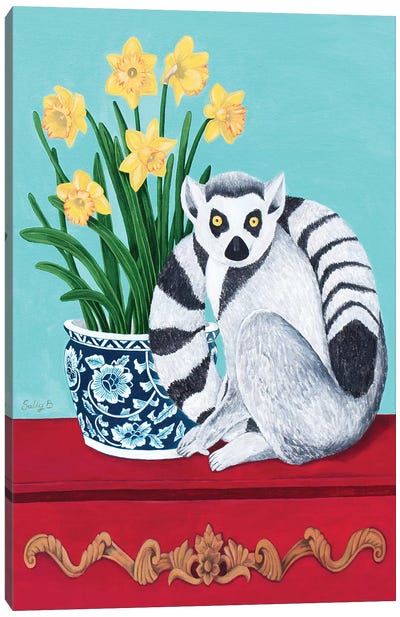 Lemur And Daffodil Canvas Art Print - Charming Blue