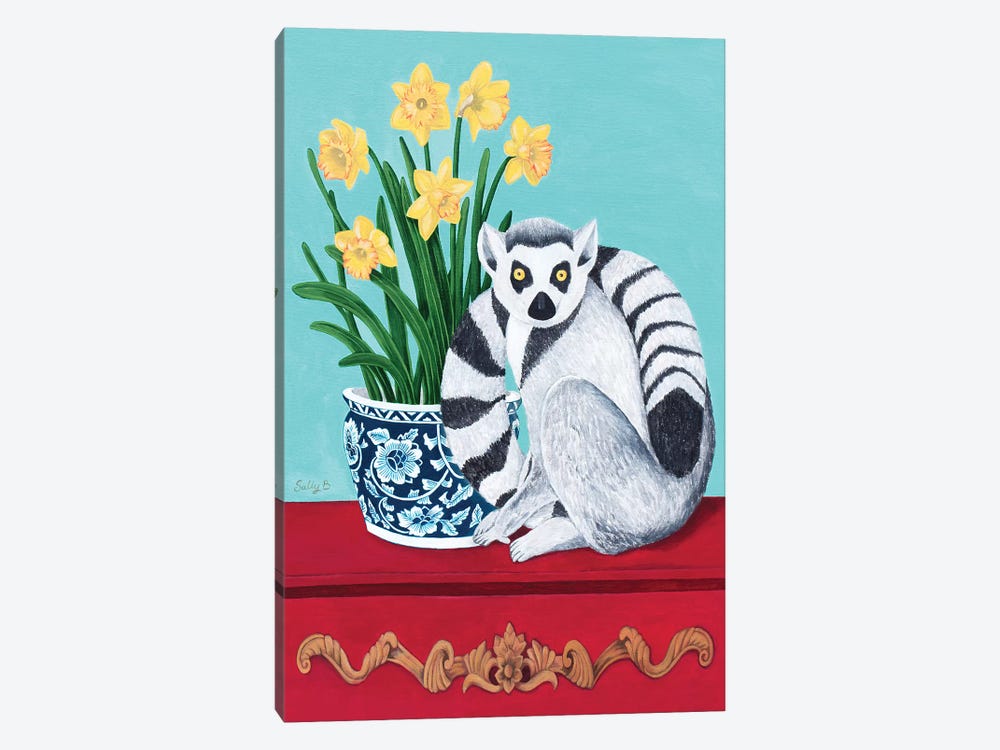Lemur And Daffodil by Sally B 1-piece Canvas Wall Art