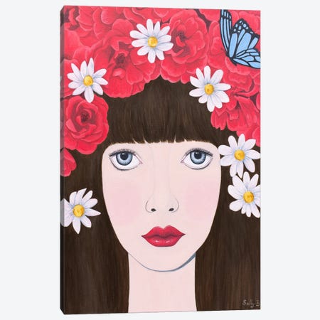 Woman and red flowers on hair Canvas Print #SLY48} by Sally B Canvas Art