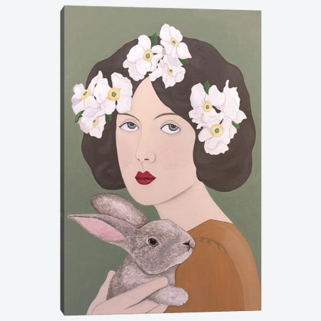 Woman With White Flowers And Rabbit Canvas Print #SLY49} by Sally B Canvas Artwork
