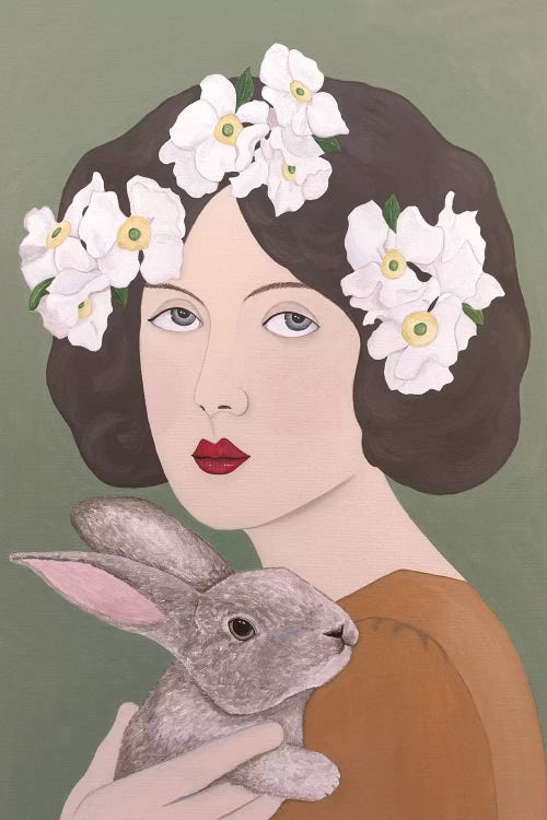 Woman With White Flowers And Rabbit