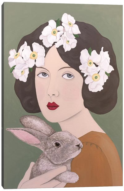 Woman With White Flowers And Rabbit Canvas Art Print - Sally B