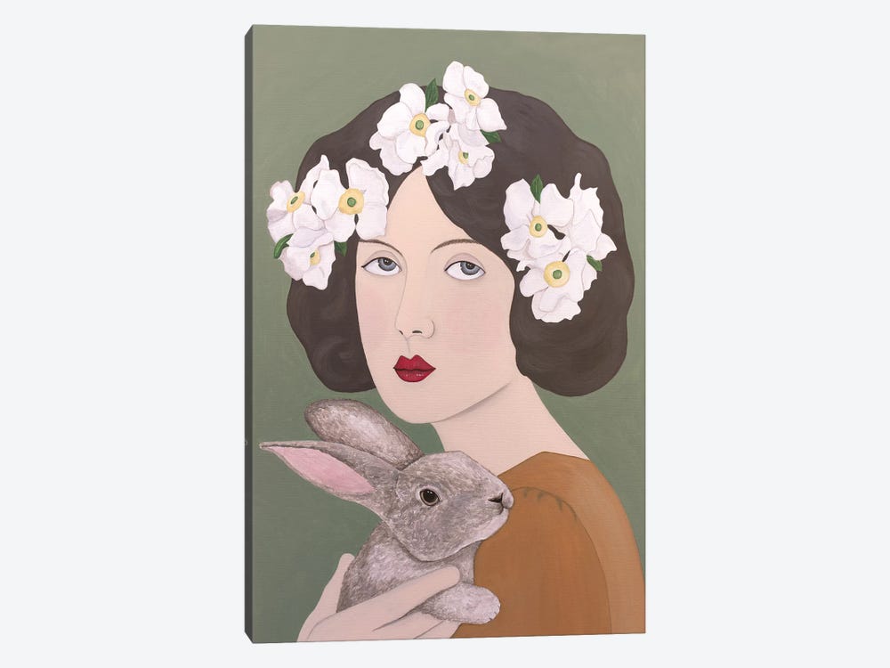 Woman With White Flowers And Rabbit by Sally B 1-piece Canvas Art Print