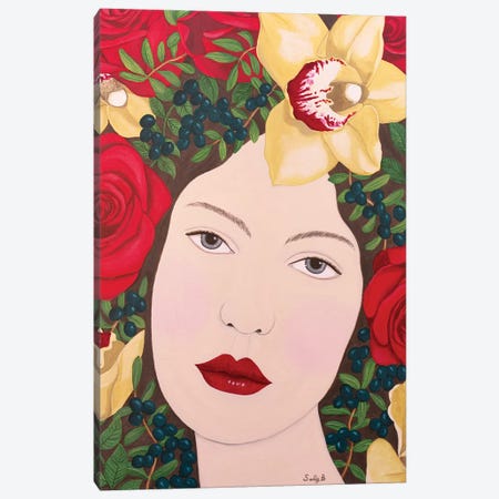 Woman With Roses And Orchids In Hair Canvas Print #SLY50} by Sally B Art Print