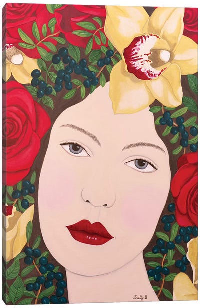 Woman With Roses And Orchids In Hair Canvas Art Print - Sally B