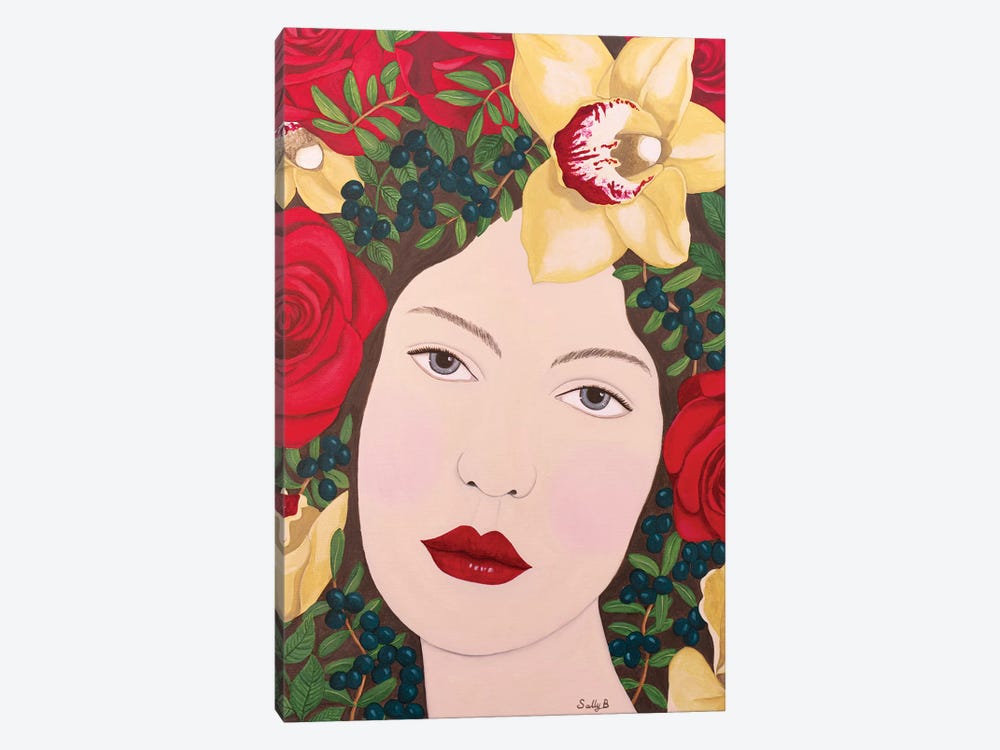 Woman With Roses And Orchids In Hair by Sally B 1-piece Canvas Art Print